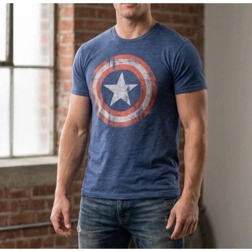 Captain America T Shirt Mens Small Marvel Shield Logo blue Tee Superhero comics
